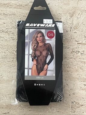 Raveware Star Pattern Fishnet Long Sleeve Bodysuit Black Nude NWT Ons Size